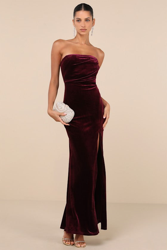 Perfectly Captivating Plum Purple Velvet Strapless Maxi Dress