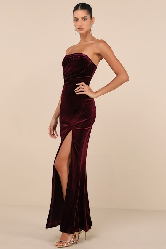 Perfectly Captivating Plum Purple Velvet Strapless Maxi Dress