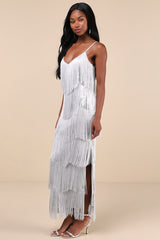 Get in the Groove Silver Sequin Fringe Bodycon Maxi Dress