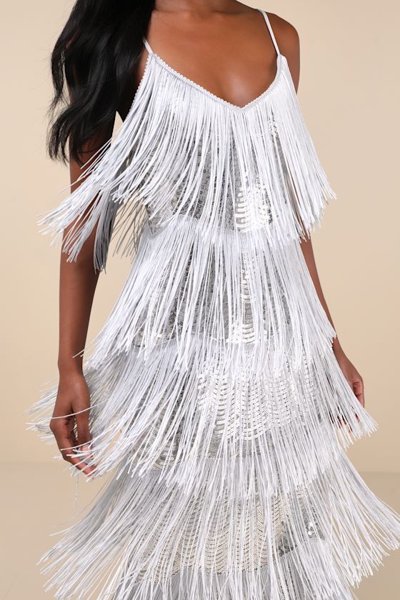 Get in the Groove Silver Sequin Fringe Bodycon Maxi Dress