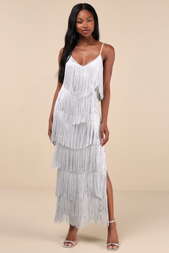 Get in the Groove Silver Sequin Fringe Bodycon Maxi Dress