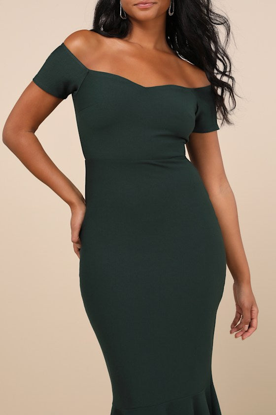 How Much I Care Dark Green Off-the-Shoulder Midi Dress