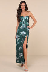 Luxe Sweetie Emerald Floral Taffeta Belted Strapless Maxi Dress