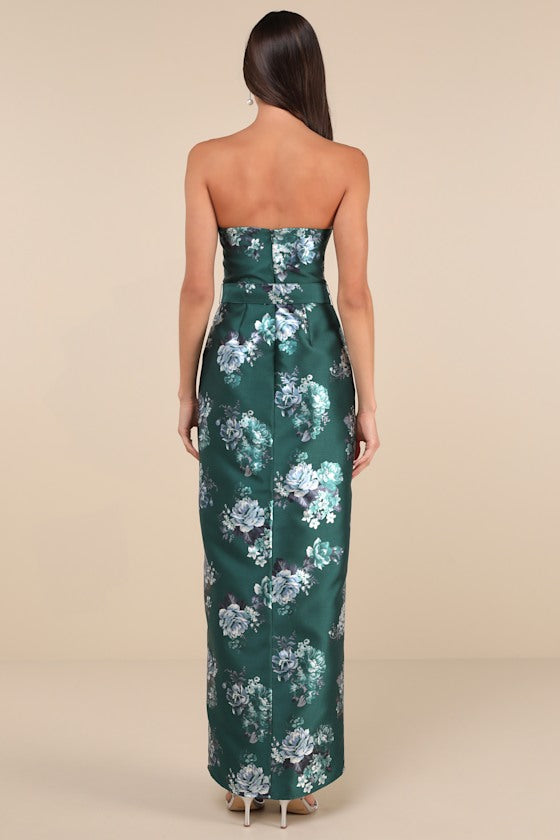 Luxe Sweetie Emerald Floral Taffeta Belted Strapless Maxi Dress