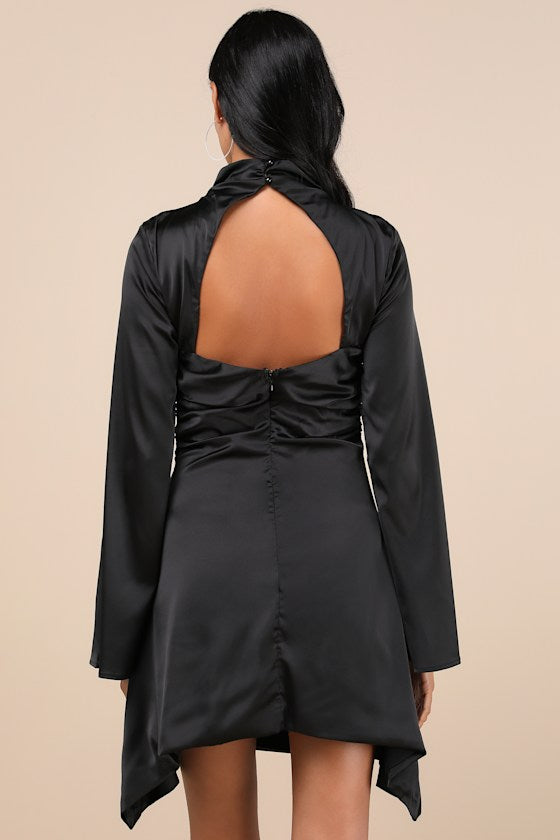 Sultry Elevation Black Satin Long Sleeve Cutout Mini Dress