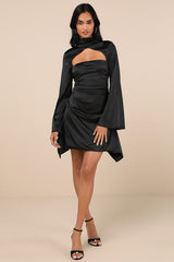 Sultry Elevation Black Satin Long Sleeve Cutout Mini Dress