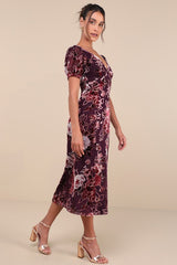Loving Approach Purple Velvet Burnout Puff Sleeve Midi Dress