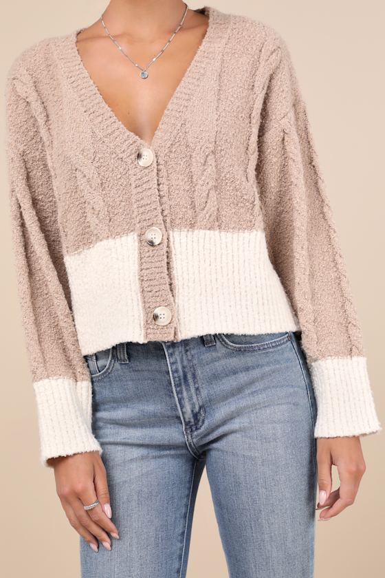 Convincingly Cozy Beige and Ivory Cable Knit Boucle Cardigan