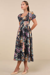 Adorable Tendencies Dark Grey Floral Puff Sleeve Midi Dress