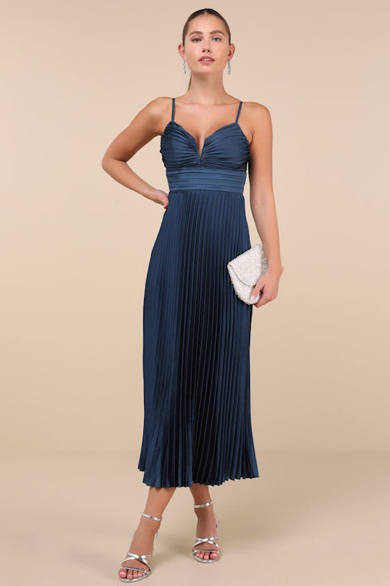 Fabulous Perfection Navy Blue Satin Pleated Midi Dress