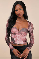 Coy Cutie Mauve Abstract Print Mesh Bustier Long Sleeve Crop Top
