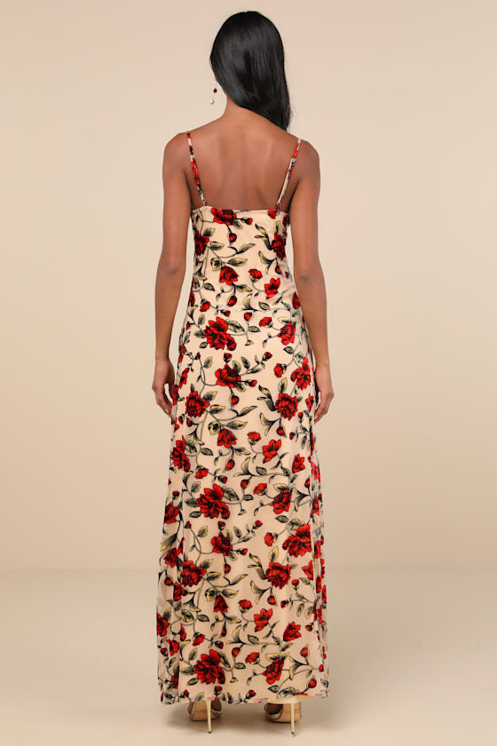 Romance in the Making Beige Floral Print Velvet Maxi Dress