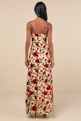 Romance in the Making Beige Floral Print Velvet Maxi Dress