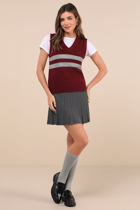 Guria Maroon and Grey Striped Sweater Vest