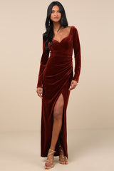 Forever Sensational Rust Brown Velvet Long Sleeve Maxi Dress