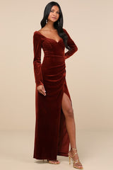 Forever Sensational Rust Brown Velvet Long Sleeve Maxi Dress