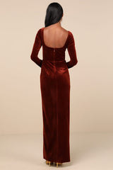 Forever Sensational Rust Brown Velvet Long Sleeve Maxi Dress