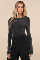 Iconic Sparkle Black Lurex Backless Long Sleeve Bodysuit
