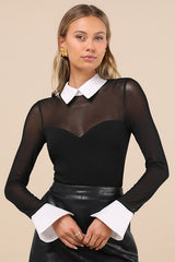 Confident Essence Black and White Mesh Long Sleeve Bodysuit
