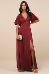Elegant Confidence Red Satin Flutter Sleeve Cutout Maxi Dress