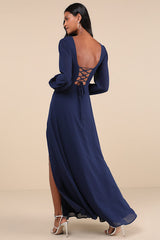 Marvelous Affair Navy Blue Pleated Lace-Up Maxi Dress