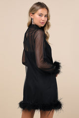 Immaculate Charisma Black Mesh Feather Long Sleeve Mini Dress