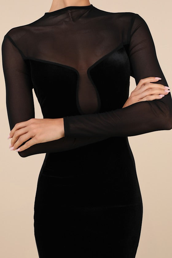 Irresistible Details Black Velvet Mesh Long Sleeve Mini Dress