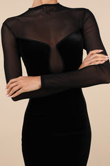 Irresistible Details Black Velvet Mesh Long Sleeve Mini Dress