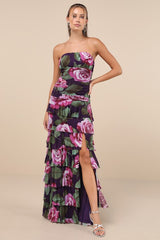 Phenomenal Aura Plum Floral Ruched Tiered Strapless Maxi Dress