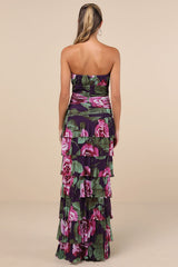 Phenomenal Aura Plum Floral Ruched Tiered Strapless Maxi Dress