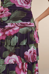 Phenomenal Aura Plum Floral Ruched Tiered Strapless Maxi Dress