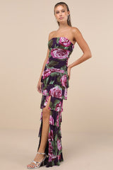 Phenomenal Aura Plum Floral Ruched Tiered Strapless Maxi Dress