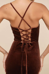 Gorgeous Composure Brown Velvet Lace-Up Sleeveless Midi Dress