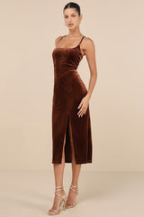 Gorgeous Composure Brown Velvet Lace-Up Sleeveless Midi Dress