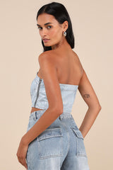 Modern Shine Light Wash Metallic Coated Denim Crop Top
