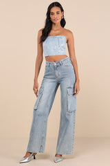 Modern Shine Light Wash Metallic Coated Denim Crop Top