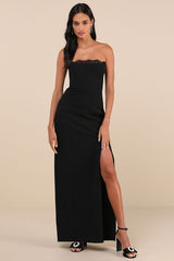 Memorably Iconic Black Strapless Lace Bustier Maxi Dress