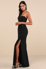 Memorably Iconic Black Strapless Lace Bustier Maxi Dress