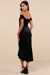 How Much I Care Black Velvet Off-the-Shoulder Midi Dress