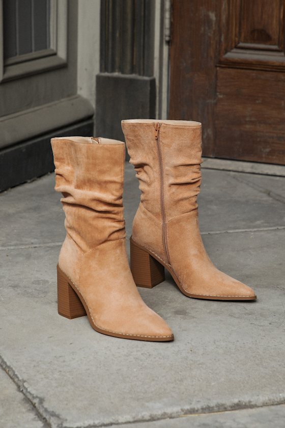 Penelopie Light Nude Suede Pointed-Toe Mid-Calf Boots
