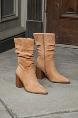 Penelopie Light Nude Suede Pointed-Toe Mid-Calf Boots