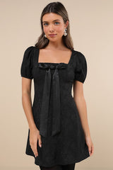 Polished Sweetie Black Jacquard Bow Puff Sleeve Mini Dress