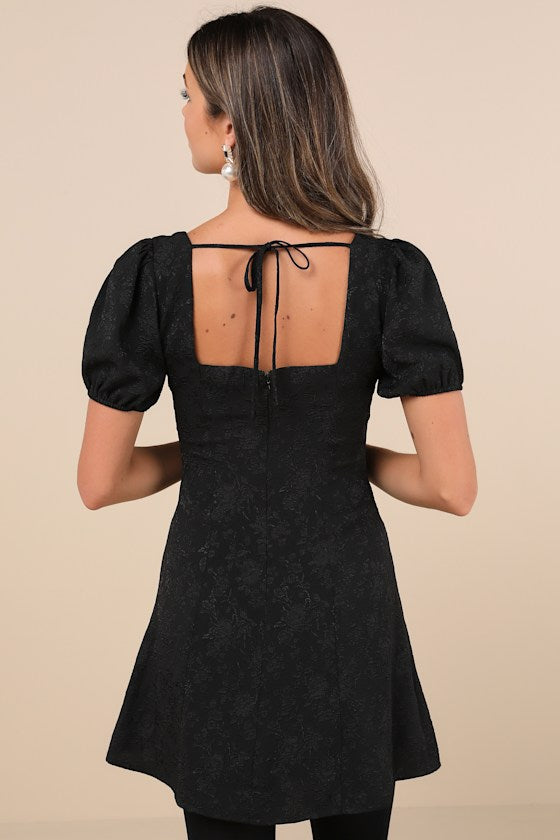 Polished Sweetie Black Jacquard Bow Puff Sleeve Mini Dress