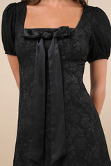 Polished Sweetie Black Jacquard Bow Puff Sleeve Mini Dress