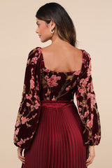 Luxe Romance Burgundy Velvet Floral Burnout Long Sleeve Bodysuit