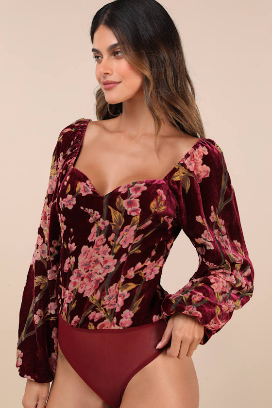 Luxe Romance Burgundy Velvet Floral Burnout Long Sleeve Bodysuit