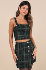 Adorably Posh Dark Green Multi Plaid Tweed Faux-Wrap Mini Skirt