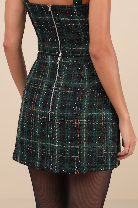 Adorably Posh Dark Green Multi Plaid Tweed Faux-Wrap Mini Skirt