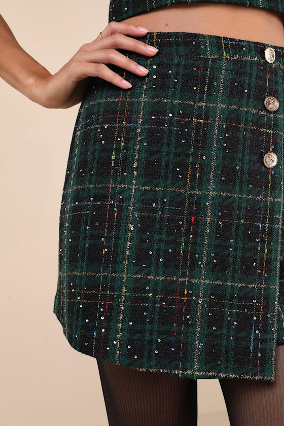 Adorably Posh Dark Green Multi Plaid Tweed Faux-Wrap Mini Skirt