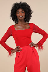 Effortlessly Luxe Red Feather Long Sleeve Bodysuit